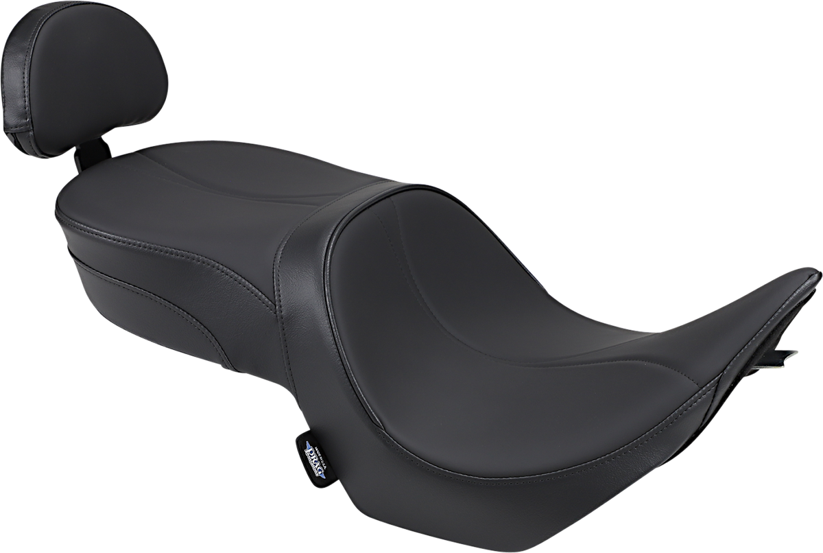 Black low-profile touring seat with passenger backrest for Victory Hammer, made by Drag Specialties, model #0810-1585.