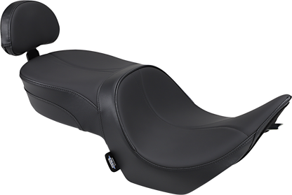 Black low-profile touring seat with passenger backrest for Victory Hammer, made by Drag Specialties, model #0810-1585.