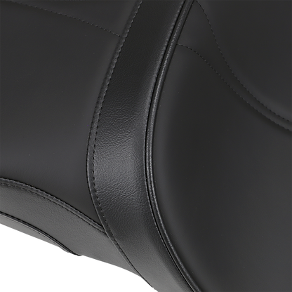 Black low-profile touring seat for Victory Hammer by Drag Specialties with passenger backrest, model 0810-1585, 2005-2017.