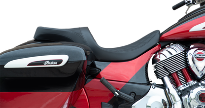 Low profile touring seat by Drag Specialties with double diamond stitching and black accents for Indian motorcycles 2014-2022.