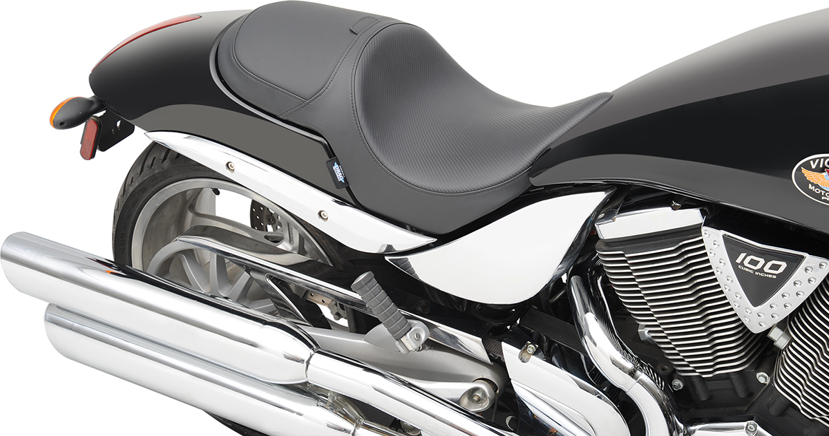 DRAG SPECIALTIES SEATS Predator Seat with carbon fiber finish and hammer design, motorcycle seat with sleek, sporty appearance.