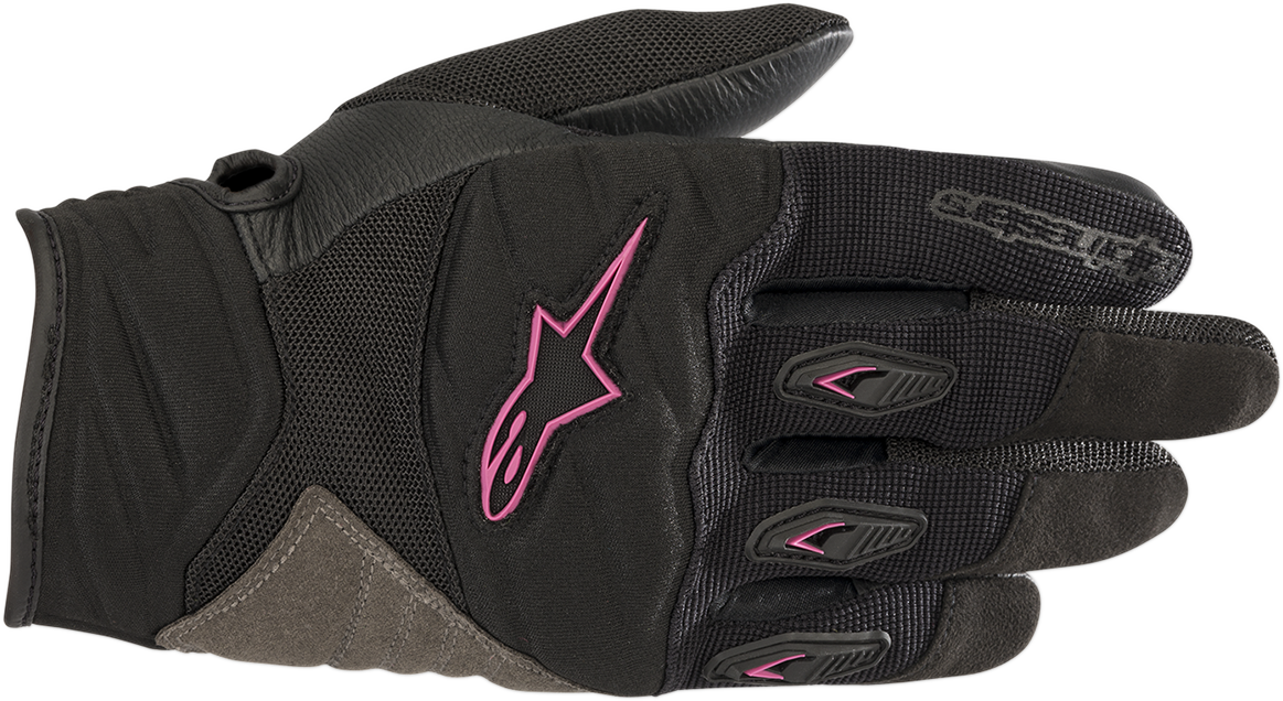 Alpinestars Stella Shore gloves in black and fuchsia, size XL, showing breathable, women’s fit motorcycle gloves with adjustable wrist strap.