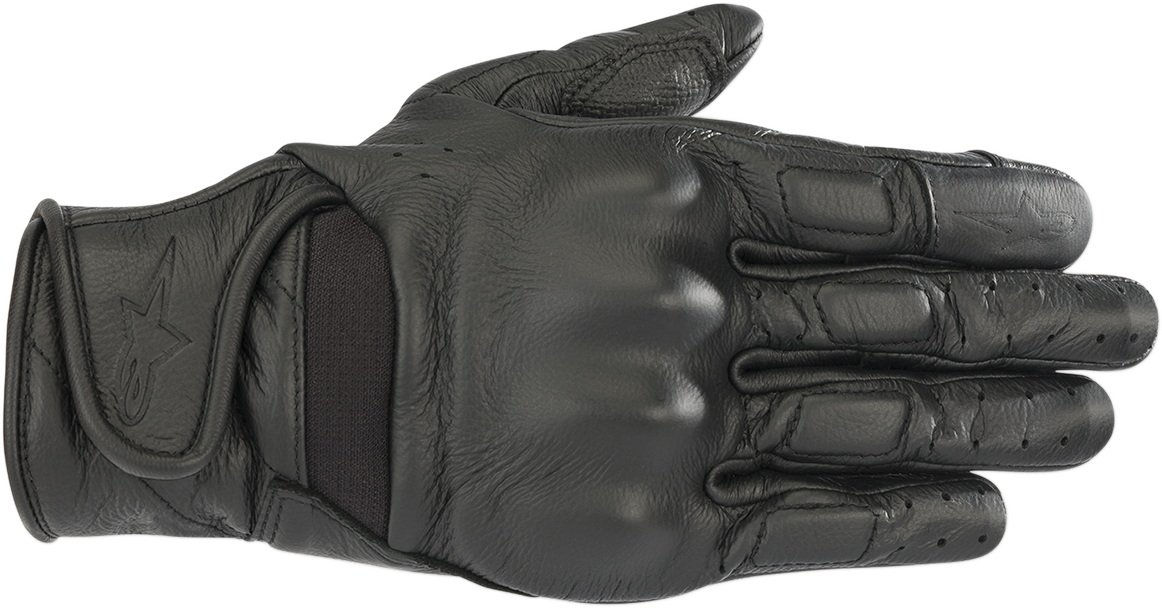 Alpinestars Stella Vika V2 motorcycle gloves in black, size medium, with protective knuckles and secure wrist closure.