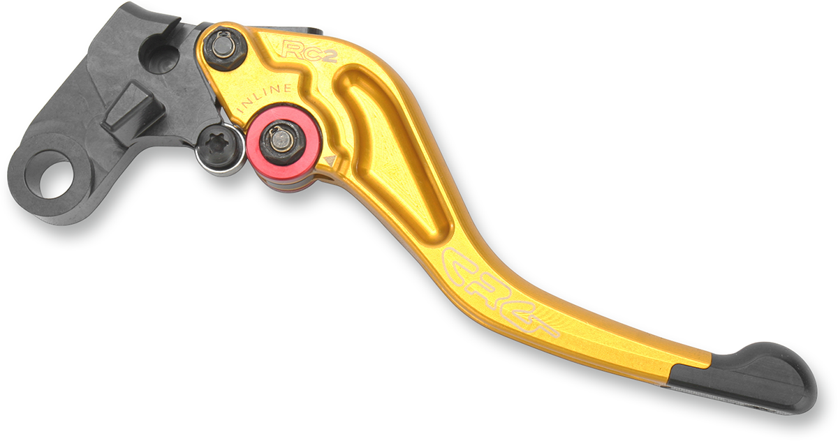 CRG RC2 Shorty Clutch Lever in gold with 2AN-631-H-G model number, shown on a motorcycle handlebar.