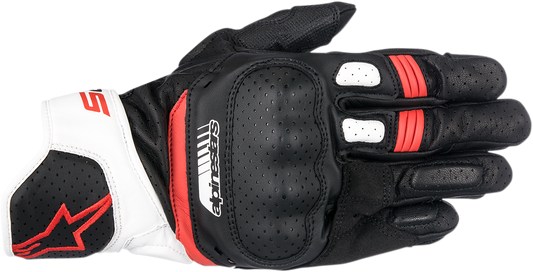 Alpinestars SP-5 motorcycle gloves in black, white, and red, large size, with protective knuckles and adjustable wrist strap.