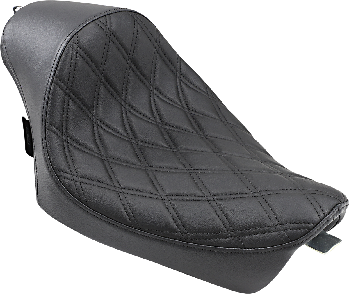 Drag Specialties Cafe Solo Seat with diamond pattern for Harley XL motorcycles, featuring sleek black leather and compact design.