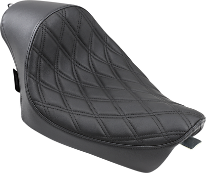 Drag Specialties Cafe Solo Seat with diamond pattern for Harley XL motorcycles, featuring sleek black leather and compact design.