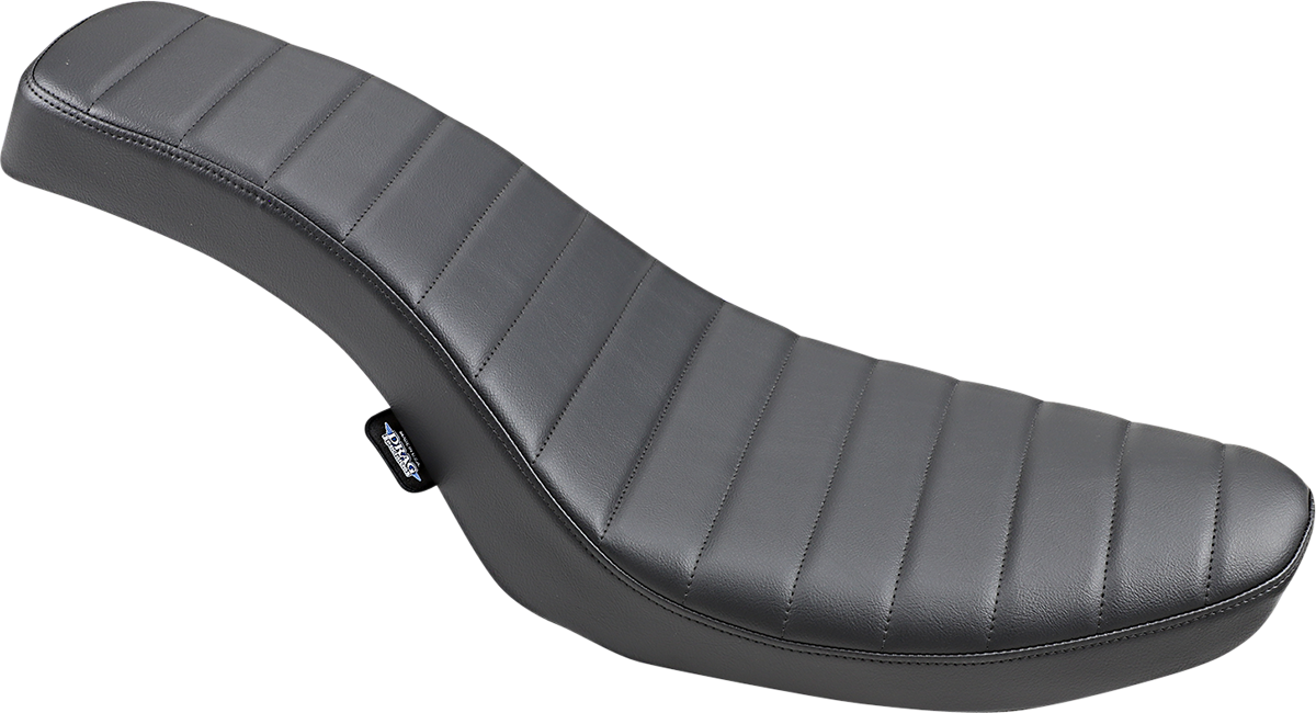 Drag Specialties Spoon Seat for FX/FL Harley motorcycles, classic style with sleek black leather and chrome details.