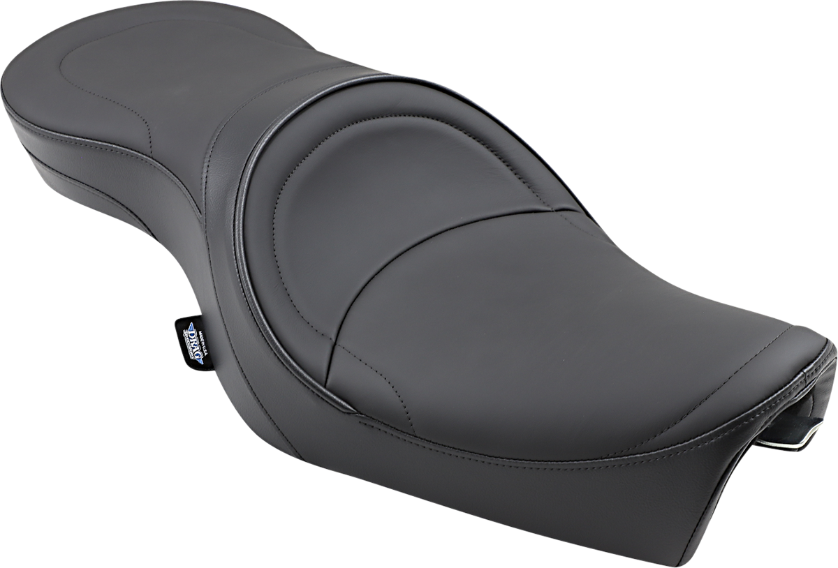 Low profile motorcycle seat by Drag Specialties with mild stitching, designed for XL models from 2004 to 2022.