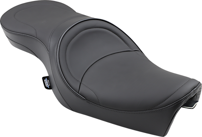Low profile motorcycle seat by Drag Specialties with mild stitching, designed for XL models from 2004 to 2022.