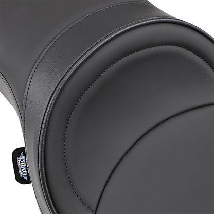 Low profile motorcycle seat by Drag Specialties with mild stitching, designed for Harley XL models 2004-2022.