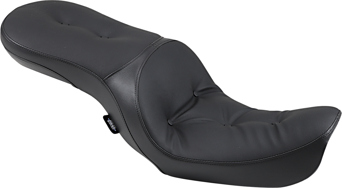 Drag Specialties Low Touring Seat with Pillow for FXD/FLD motorcycles, black comfort seat with cushioning and ergonomic design.