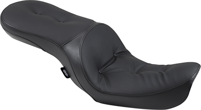 Drag Specialties Low Touring Seat with Pillow for FXD/FLD motorcycles, black comfort seat with cushioning and ergonomic design.