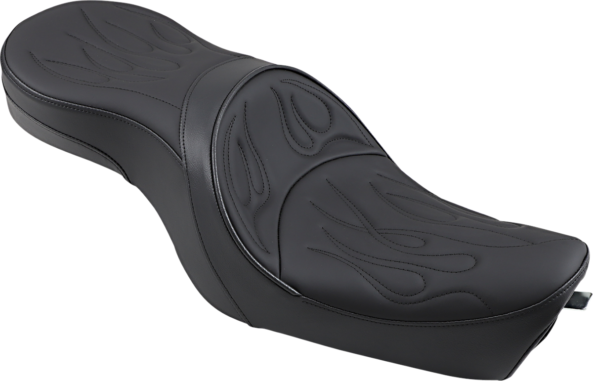 Drag Specialties low profile flame stitched seat for Harley XL models 2004-2022, featuring custom stitching and ergonomic design.
