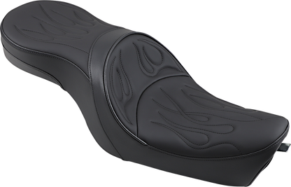 Drag Specialties low profile flame stitched seat for Harley XL models 2004-2022, featuring custom stitching and ergonomic design.