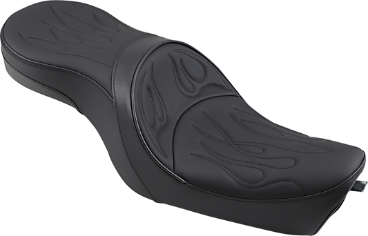 Drag Specialties low profile flame stitched seat for Harley XL models 2004-2022, featuring custom stitching and ergonomic design.