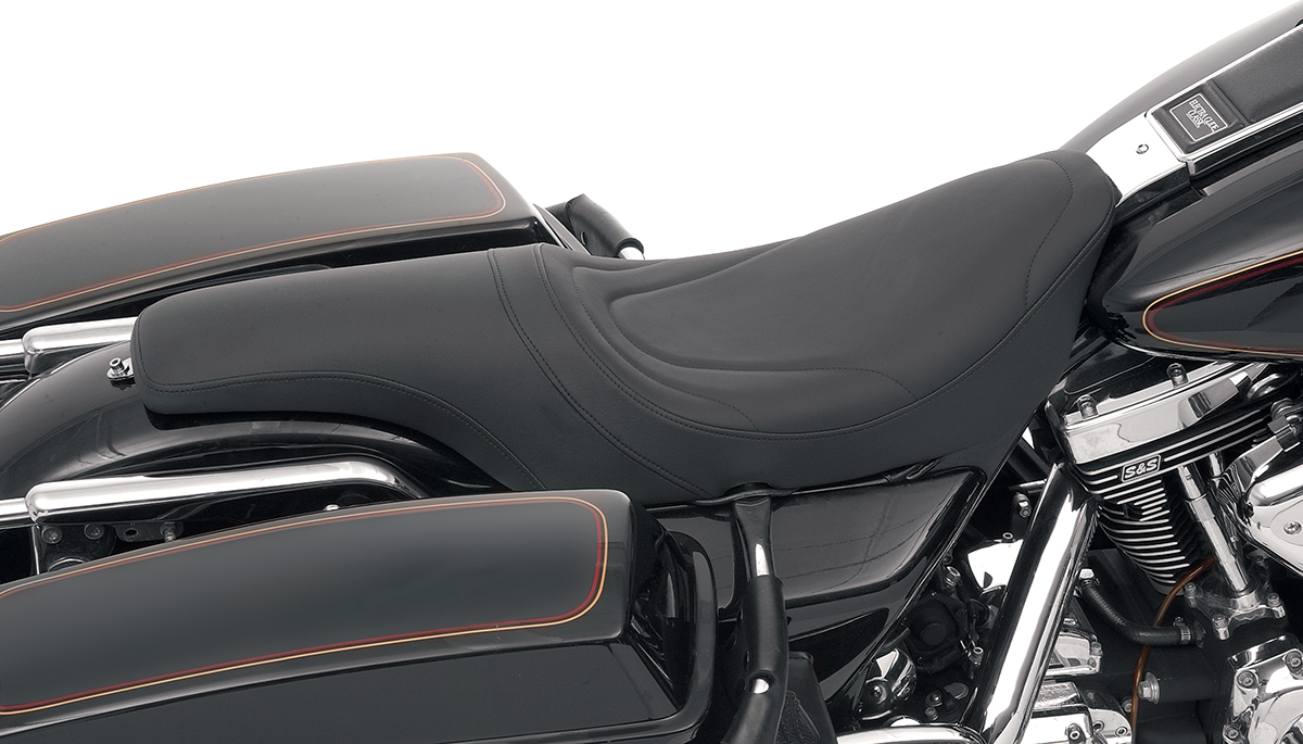Drag Specialties Predator Seat with mild stitching for Harley FLHR/FLHX 1997-2007, motorcycle seat with black upholstery.