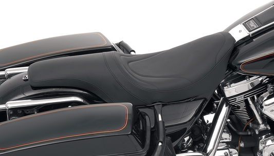 Drag Specialties Predator Seat with mild stitching for Harley FLHR/FLHX 1997-2007, motorcycle seat with black upholstery.