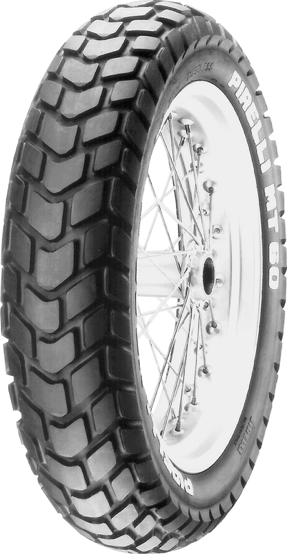Pirelli MT60™RS front tire for dual sport motorcycles, 120/70ZR17, showing tread pattern and sidewall details.