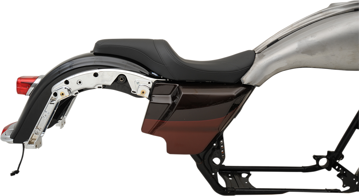 Drag Specialties Predator Seat with mild stitching for Harley FL 2008-2023, shown with Yaffe gas tank, featuring ergonomic design.