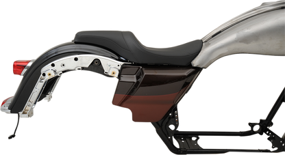 Drag Specialties Predator Seat with mild stitching for Harley FL 2008-2023, shown with Yaffe gas tank, featuring ergonomic design.