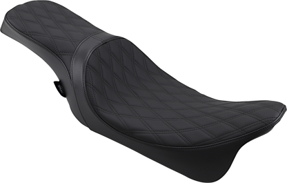 Drag Specialties Predator 2-Up Harley seat with double diamond pattern and black stitching, designed for Harley FL models 2008-2023