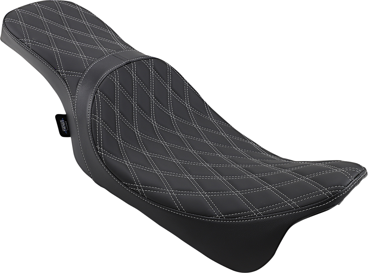 Drag Specialties Predator 2-up seat with double diamond pattern and silver stitching for Harley-Davidson FL models 2008-2023.