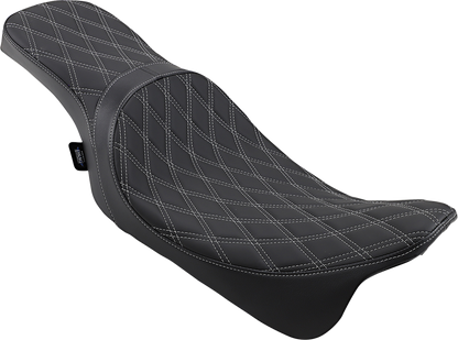 Drag Specialties Predator 2-up seat with double diamond pattern and silver stitching for Harley-Davidson FL models 2008-2023.