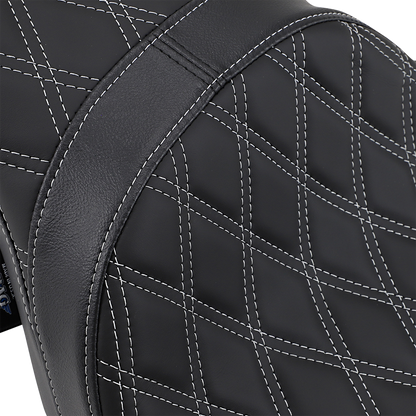 Drag Specialties Predator 2-up seat for Harley-Davidson FL models, featuring double diamond pattern and silver stitching.