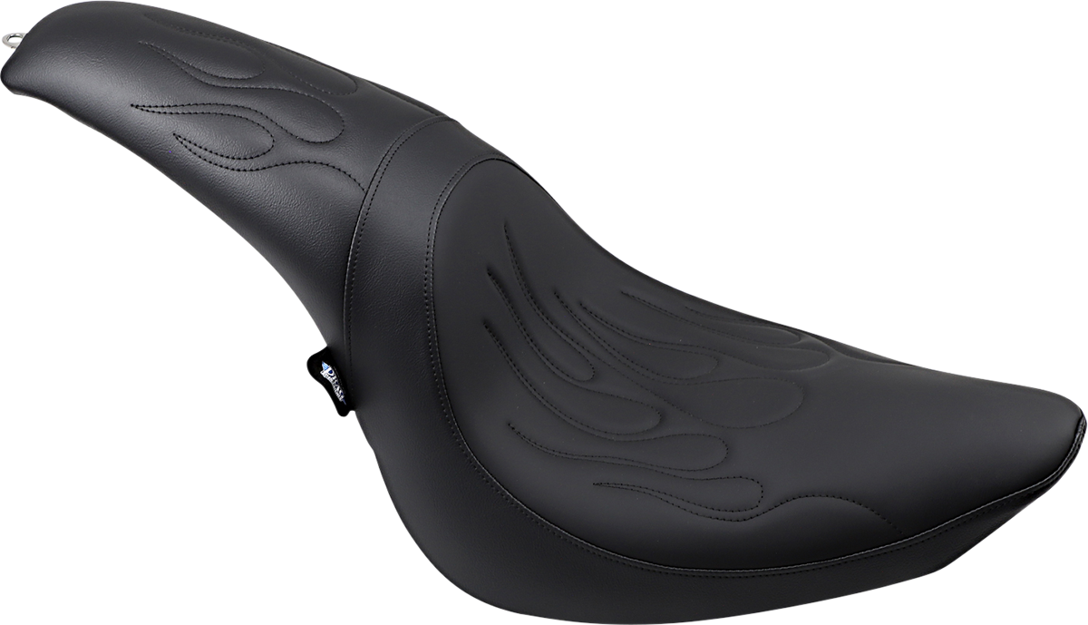 Black Predator Seat by Drag Specialties for FL/FX motorcycles, featuring flame stitching and ergonomic design, 2006-2017.