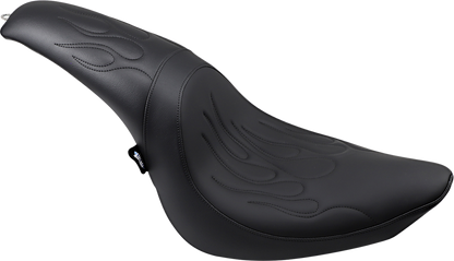 Black Predator Seat by Drag Specialties for FL/FX motorcycles, featuring flame stitching and ergonomic design, 2006-2017.