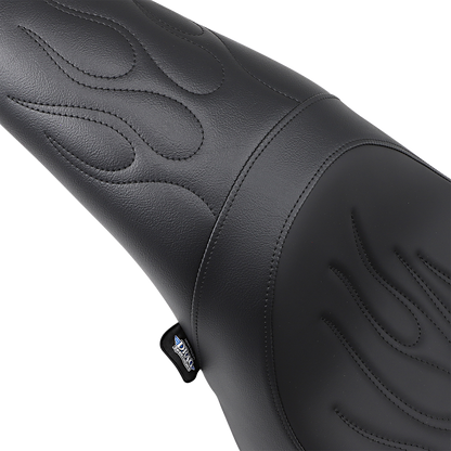Black Flame Stitched Predator Seat for FL/FX motorcycles by Drag Specialties Seats, designed for 2006-2017 models.