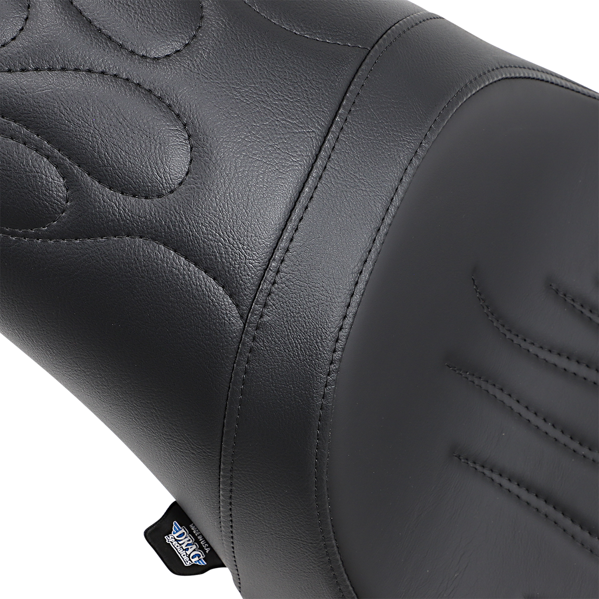 Drag Specialties Predator Flame stitched seat for Harley FL/FX 2000-2017, showing the flame design and padded seat surface.