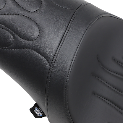 Drag Specialties Predator Flame stitched seat for Harley FL/FX 2000-2017, showing the flame design and padded seat surface.