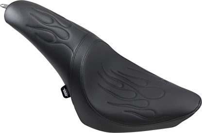 Drag Specialties Predator Flame Stitched Seat for Harley FL/FX 2000-2017, close-up of black seat with flame stitching details.