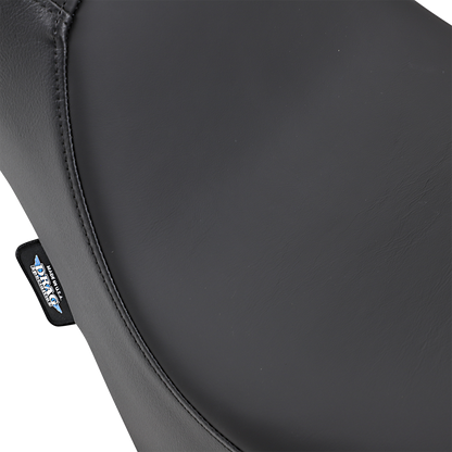Drag Specialties Predator 2-up motorcycle seat for FL/FX models from 2000 to 2017, featuring a sleek black design and contoured shape.
