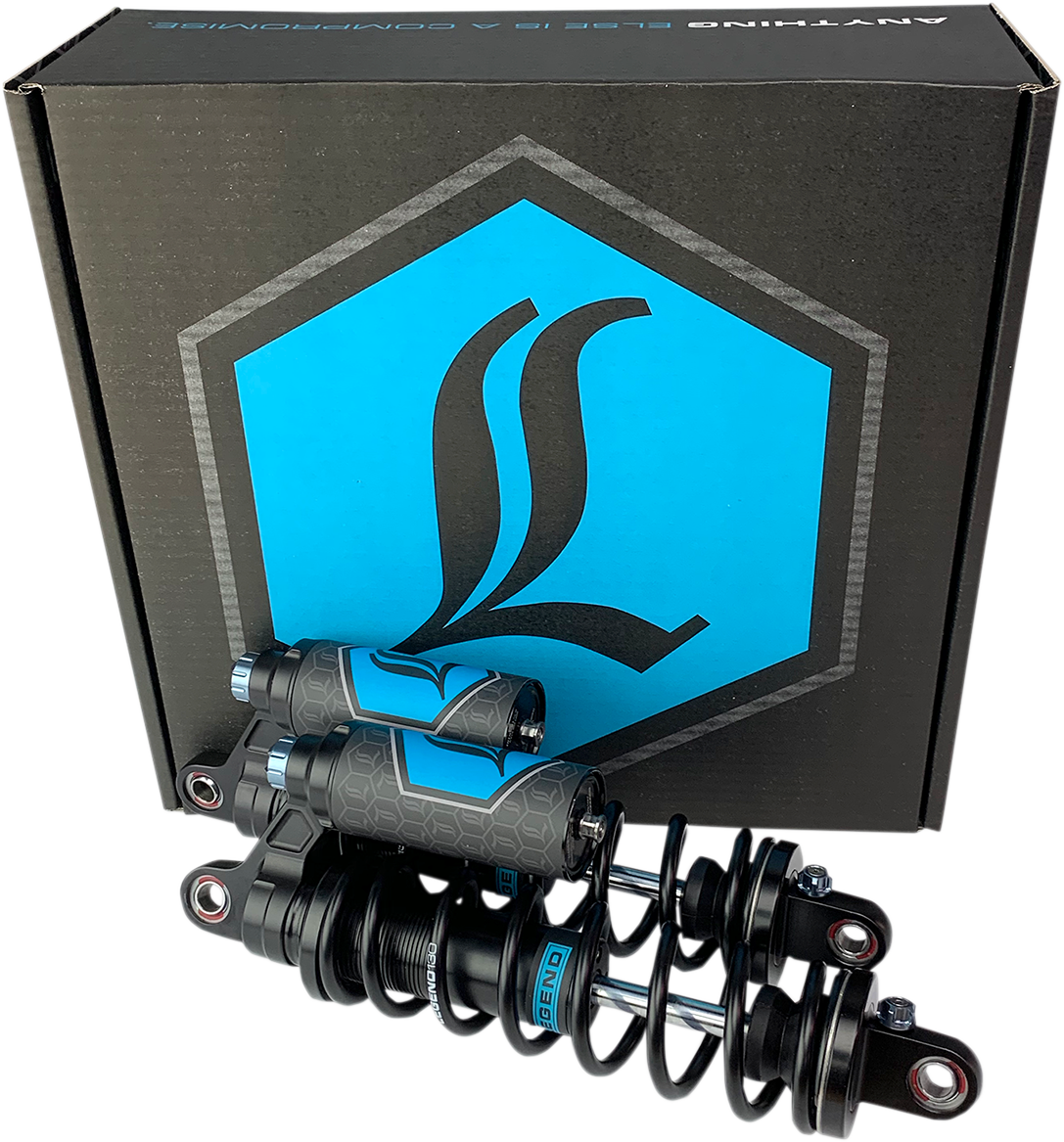Legend Suspension Revo ARC piggyback shocks for 1999-2017 Harley-Davidson Dyna, 14-inch black suspension shocks.
