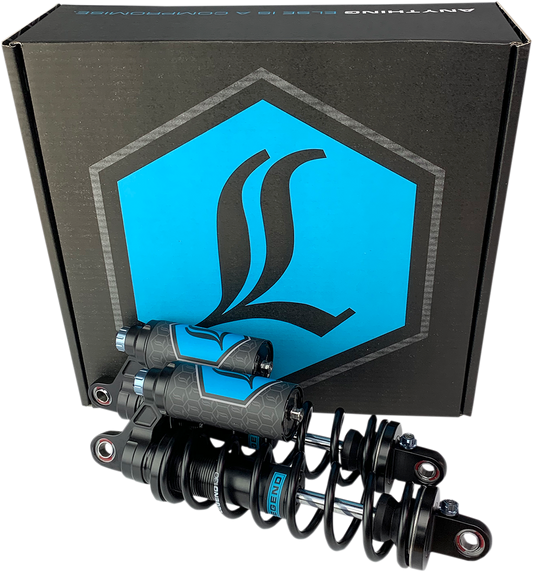 Legend Suspension Revo ARC piggyback shocks for 1999-2017 Harley-Davidson Dyna, 14-inch black suspension shocks.