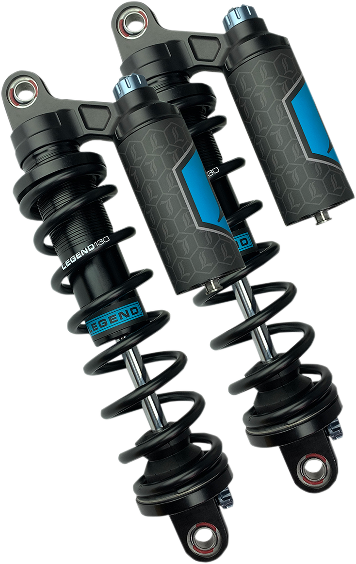 Legend Suspension Revo ARC piggyback shocks for Harley Sportster, heavy-duty 13-inch black suspension components.