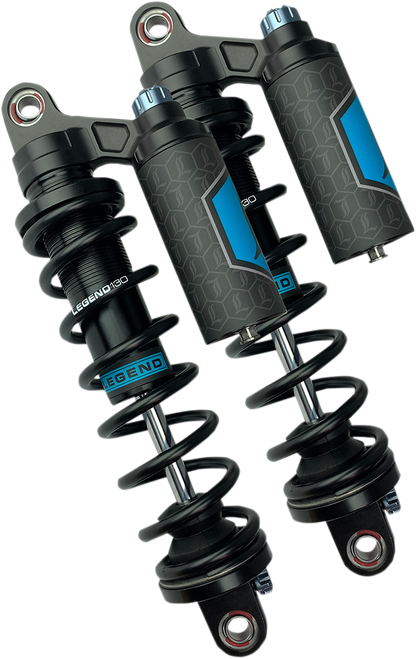 Legend Suspension Revo ARC piggyback shocks for Harley Sportster, heavy-duty 13-inch black suspension components.