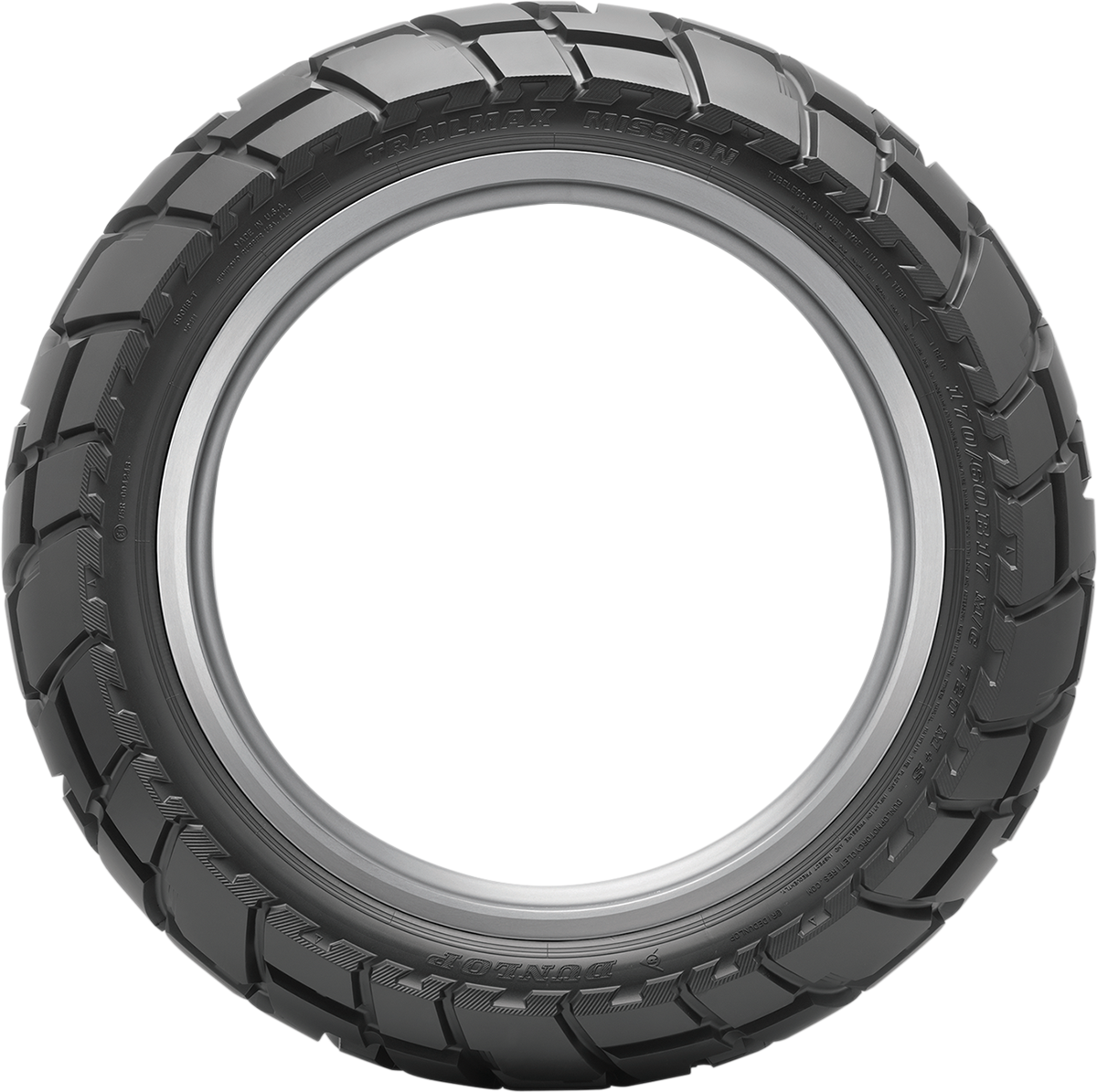Dunlop Trailmax Mission rear off-road motorcycle tire 140/80B18 with 70T load and speed rating, suitable for adventure riding.