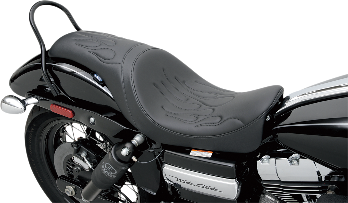 Drag Specialties Predator Flame Stitched Seat for Dyna '06-'17, motorcycle seat with flame stitching detail, black leather upholstery.