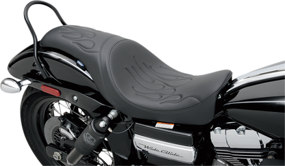 Drag Specialties Predator Flame Stitched Seat for Dyna '06-'17, motorcycle seat with flame stitching detail, black leather upholstery.