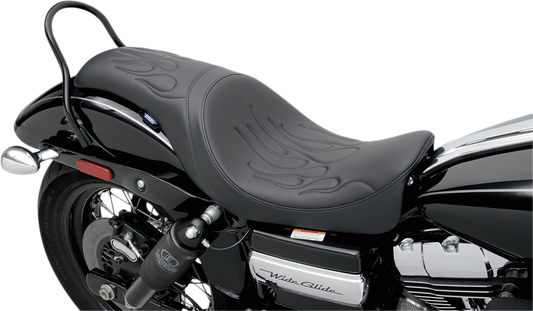 Drag Specialties Predator Flame Stitched Seat for Dyna '06-'17, motorcycle seat with flame stitching detail, black leather upholstery.