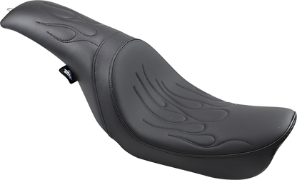 Drag Specialties Predator Flame stitched motorcycle seat for Dyna 2006-2017, featuring flame design and comfortable riding surface.