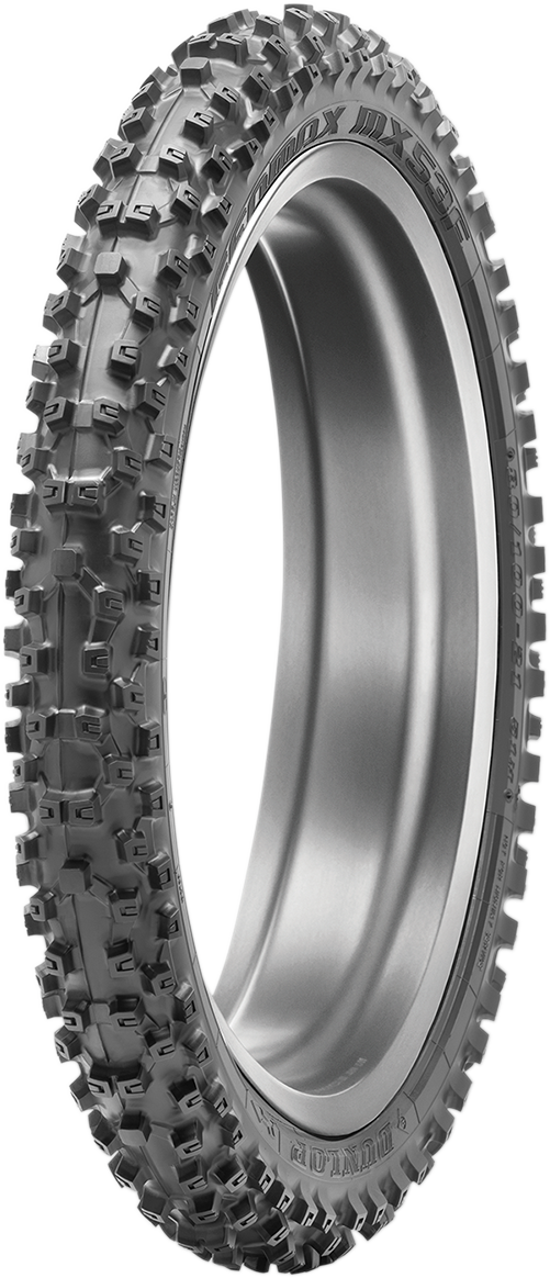 DUNLOP Geomax MX53 front tire 60/100-10 33J for off-road motorcycles on intermediate-hard terrain.