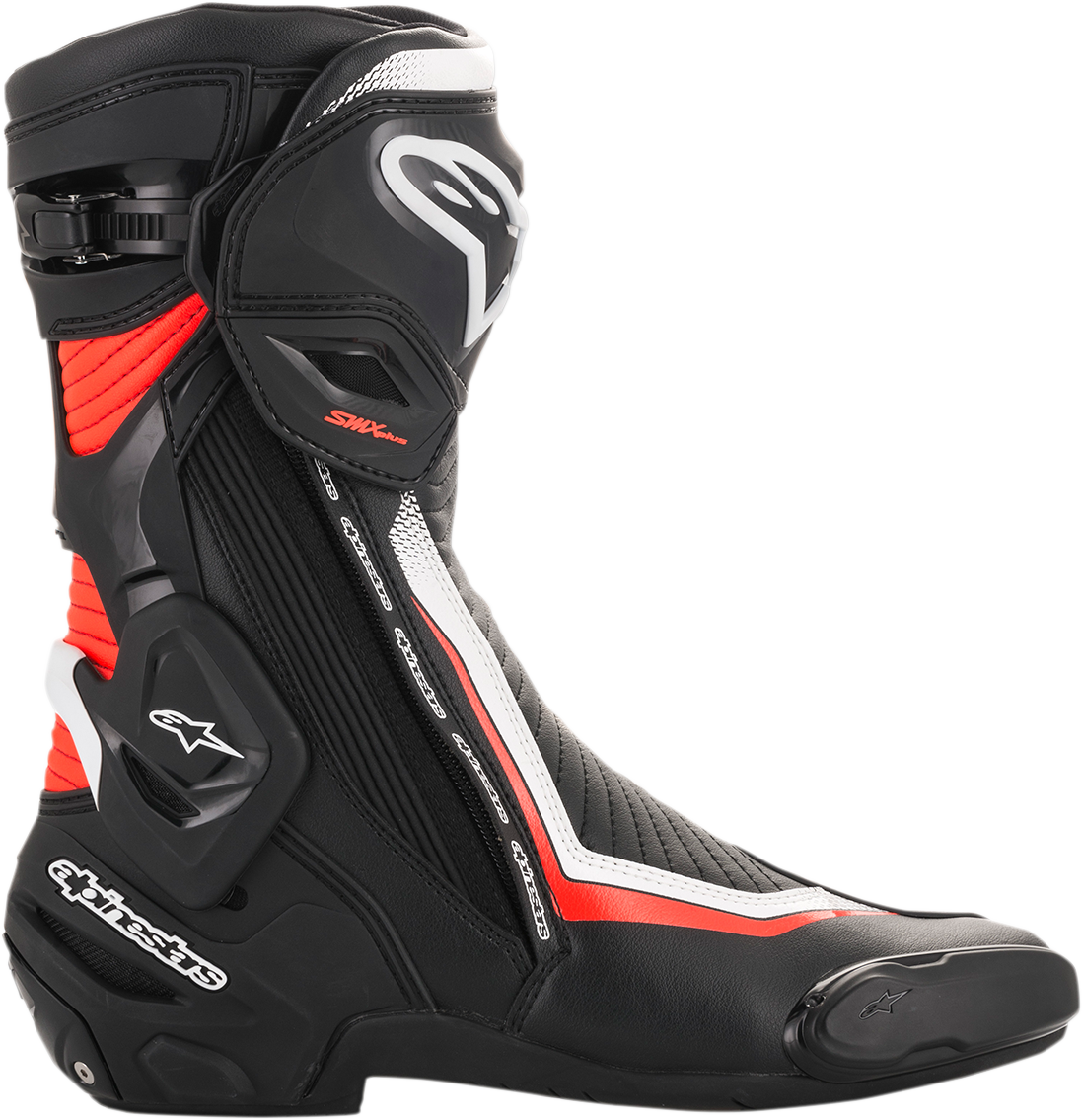 Alpinestars SMX Plus motorcycle boots in black, white, and red fluorescent, US 6.5 / EU 40, with reinforced ankle protection.