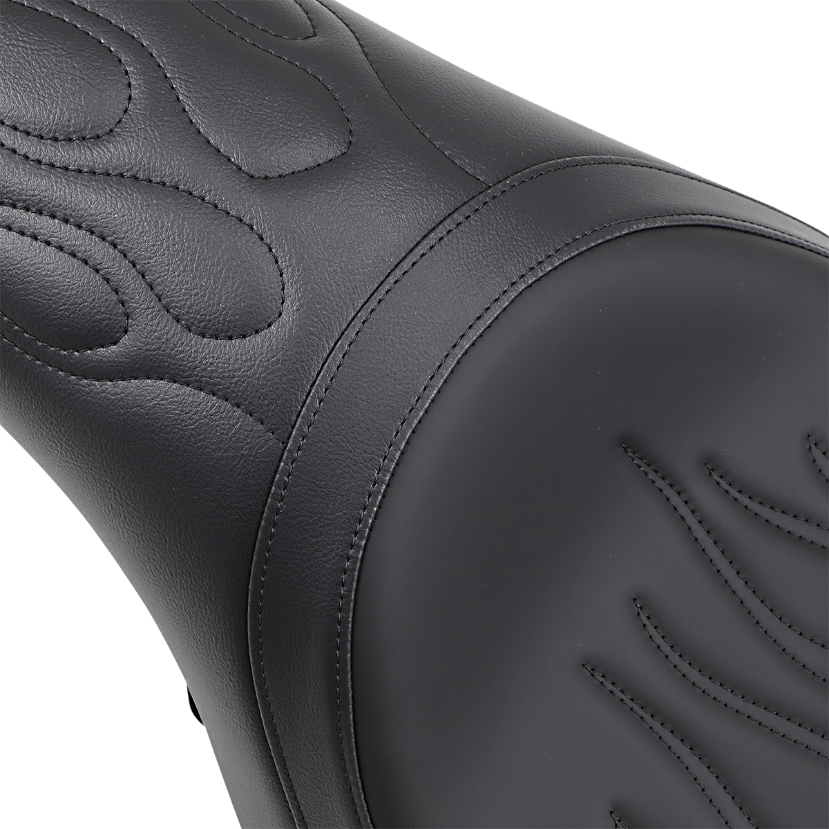 Drag Specialties Predator Seat with Flame Stitching for Harley XL models 2004-2022, close-up of black seat with flame details.