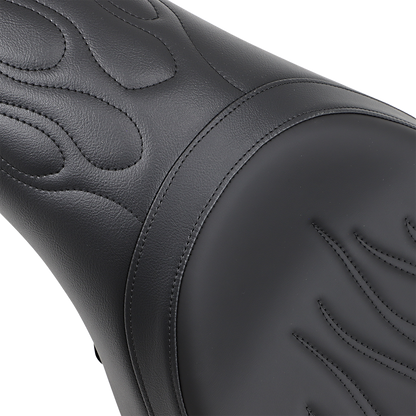 Drag Specialties Predator Seat with Flame Stitching for Harley XL models 2004-2022, close-up of black seat with flame details.