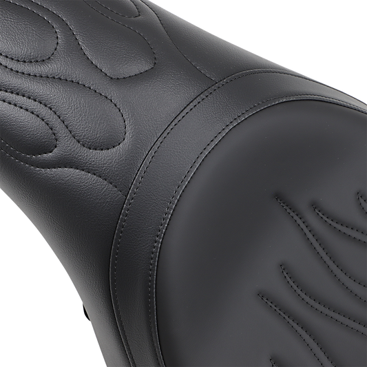 Drag Specialties Predator Seat with Flame Stitching for Harley XL models 2004-2022, close-up of black seat with flame details.